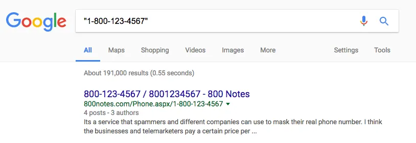 results of searching for a phone number in google with quotes