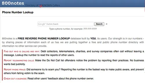 A screenshot of the homepage of www.800notes.com
