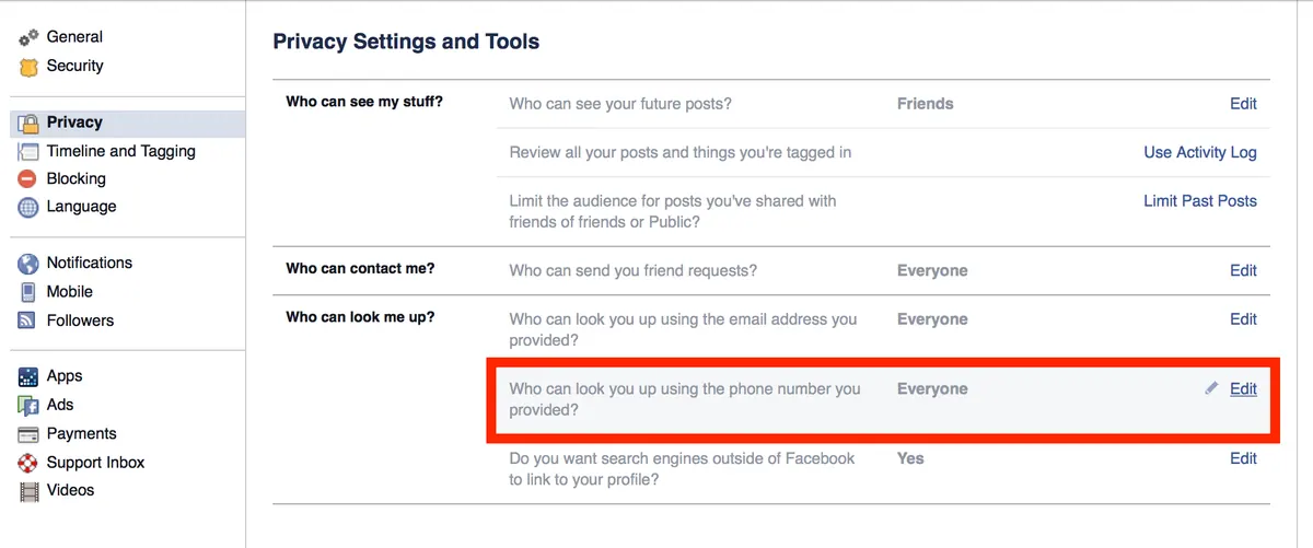 settings privacy phone number facebook