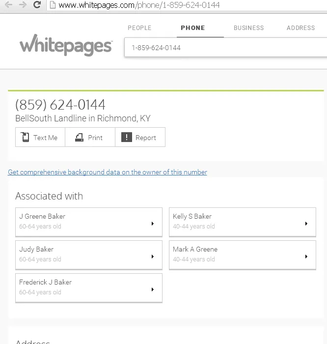 Example WhitePages.com reverse Lookup Kentucky phone number results page