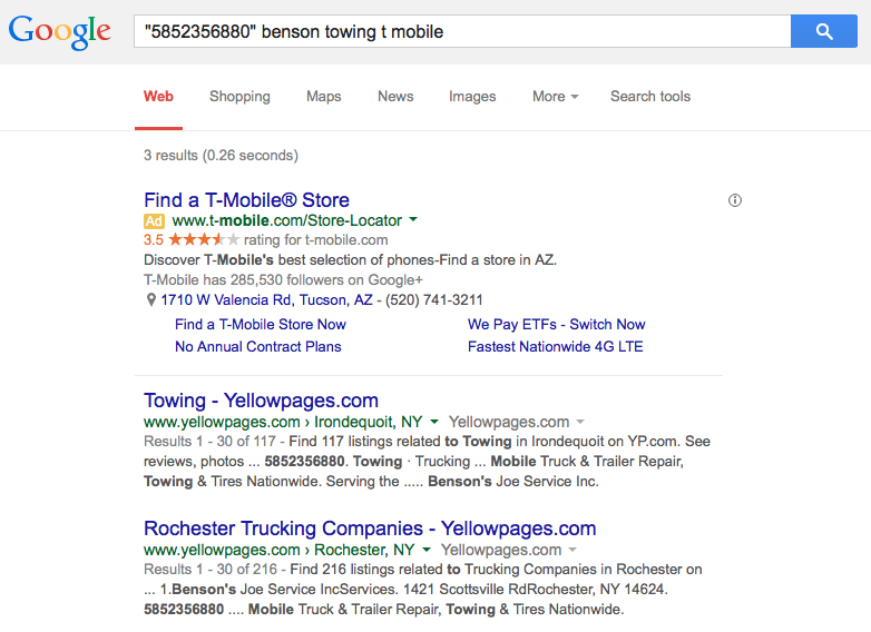 Example of a T-Mobile phone search