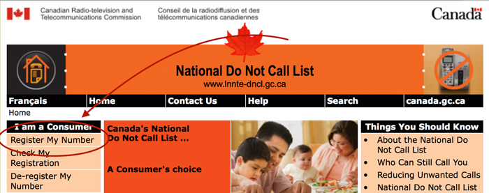 This picture shows you how to register your phone number for the canadian no not call list