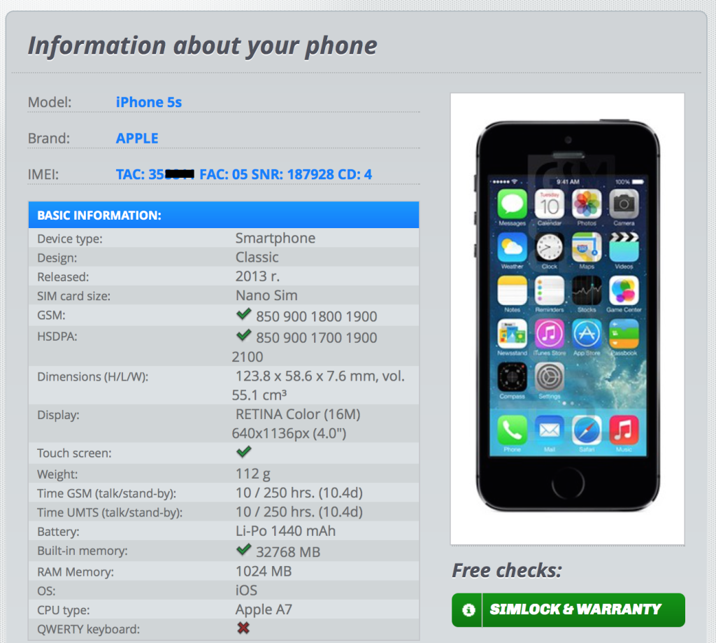 a screenshot of the results page for an iPhone 5 when using IMEI.info