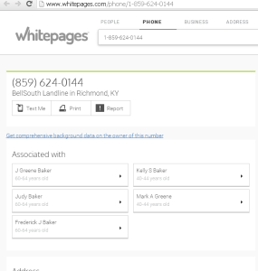 Example WhitePages.com reverse Lookup Kentucky phone number results page