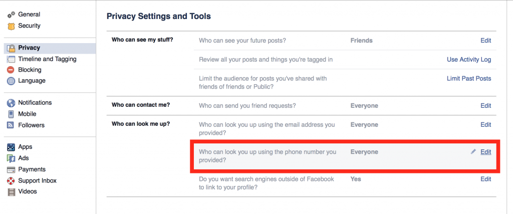 settings privacy phone number facebook