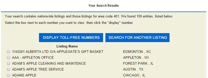 data results from the toll free phone number search