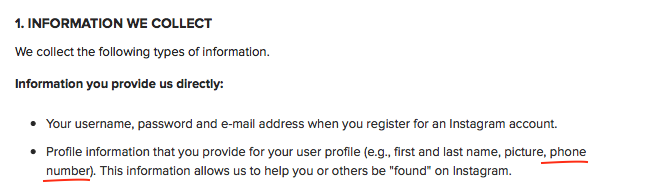 screenshot of the instagram privacy policy