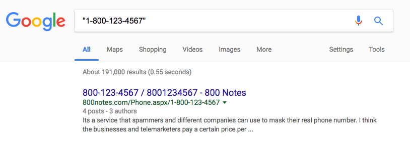 results of searching for a phone number in google with quotes