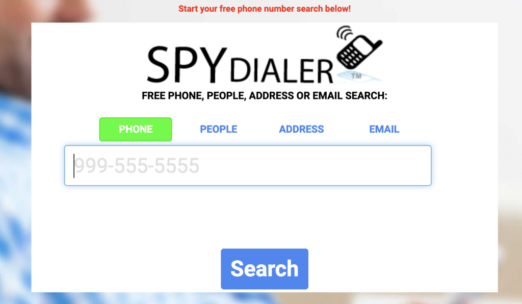 screenshot of the homepage of spydialer