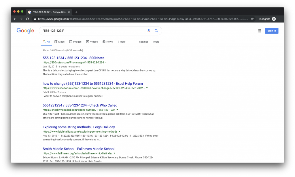 Results page of searching for a phone number in google