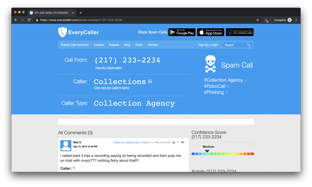 A screenshot of a search results page for EveryCaller.com