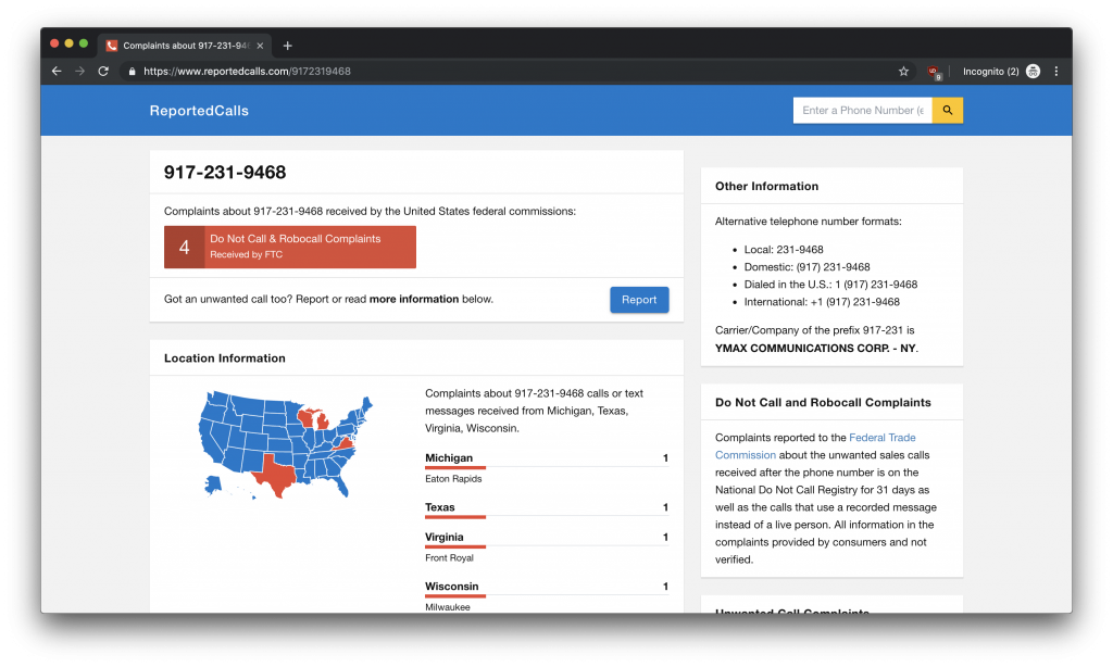 A screenshot of the results page of CleverDialer.com, featuring the number of complains, and location information. 