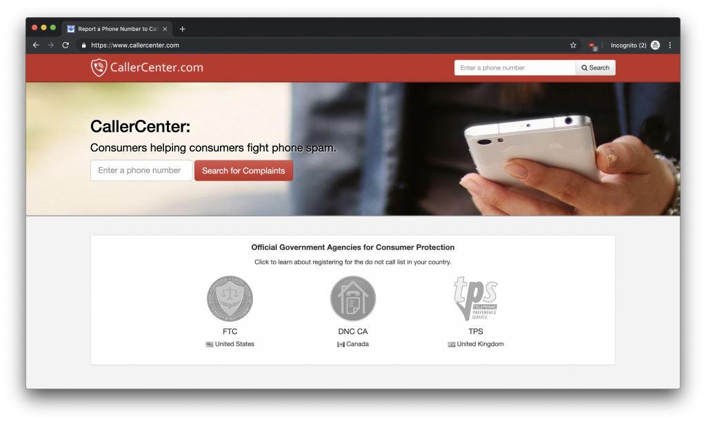 The CallerCenter.com home page, with links to consumer protection agencies