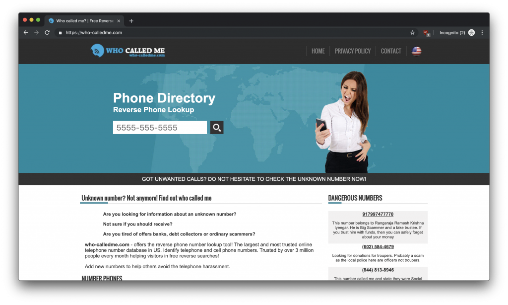 A screenshot of the homepage for who-calledme.com
