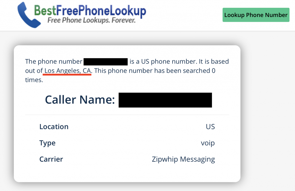 the city and state is displayed once you perform a search for the phone number using the free phone number lookup tool 