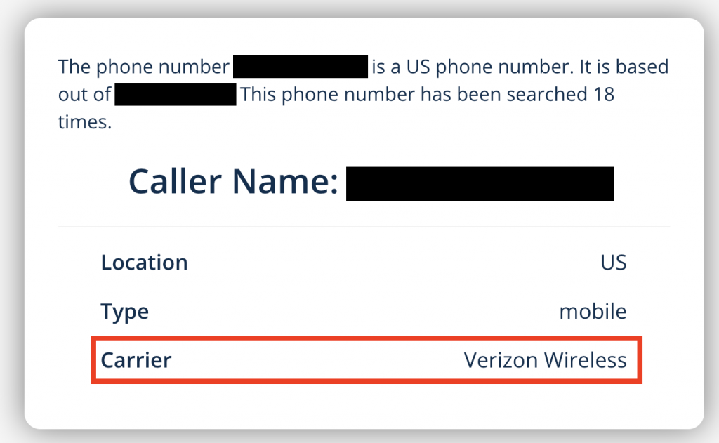 Results page when looking up a phone number on BestFreePhoneLookup.com - reveals the full name of the caller, in addition to the location and carrier associated with the landline or cell phone number